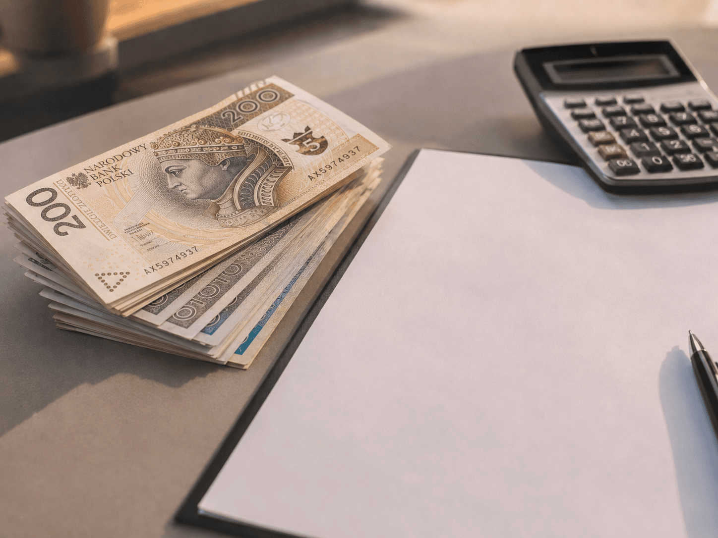 Banknoty i kalkulator obok umowy kredytowej